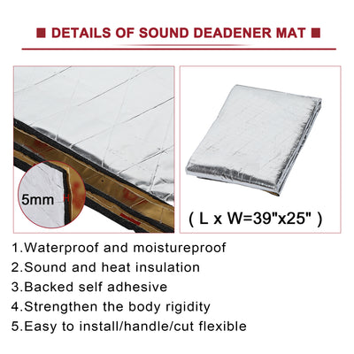 Harfington 197mil Car Rood Hood Heat Sound Deadener Insulation Mat 39" x 25" Silver Tone - Pack of 1