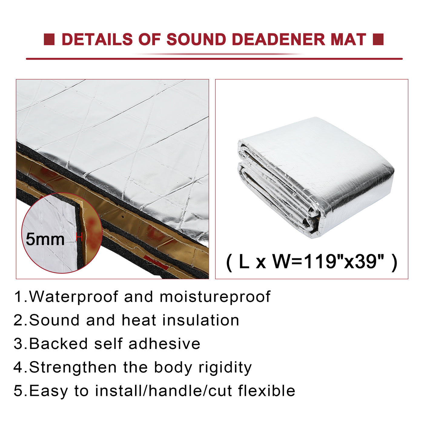 ACROPIX 197mil Car Rood Hood Heat Sound Deadener Insulation Mat 39" x 25" Silver Tone - Pack of 1