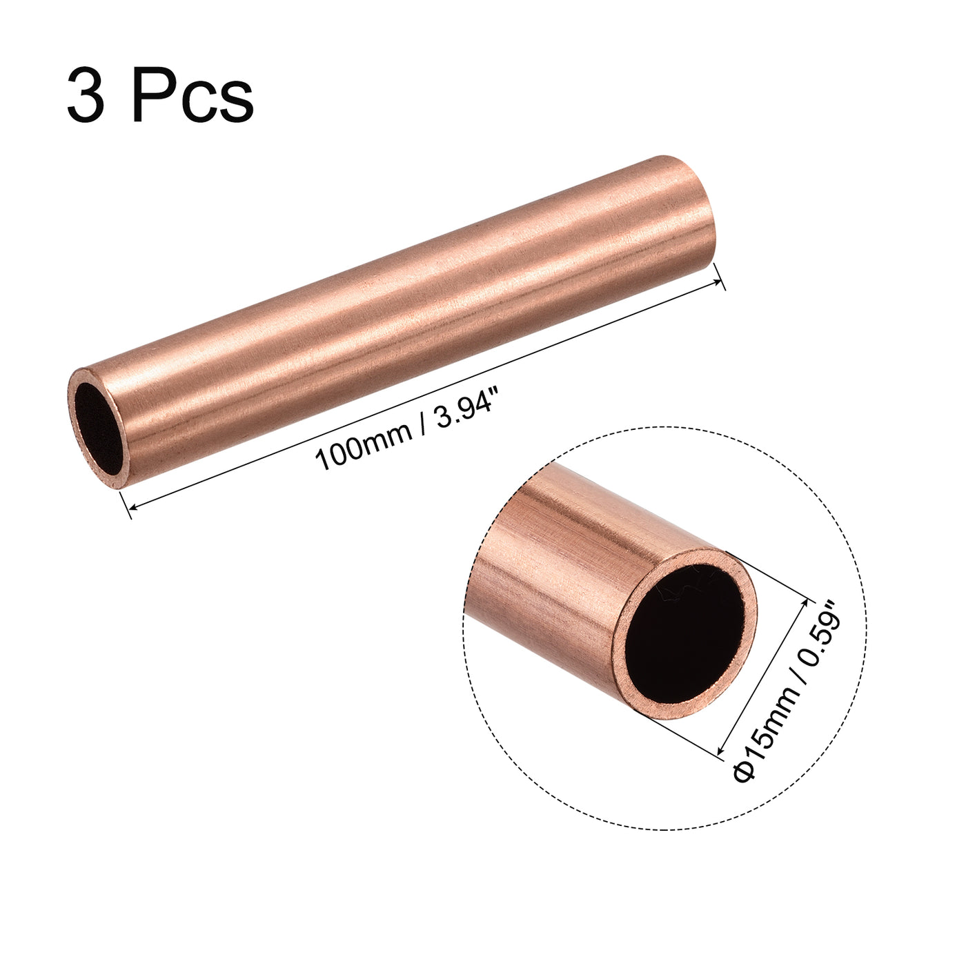 uxcell Uxcell Copper Round Tube 15mm OD 1.5mm Wall Thickness 100mm Length Pipe Tubing 3 Pcs