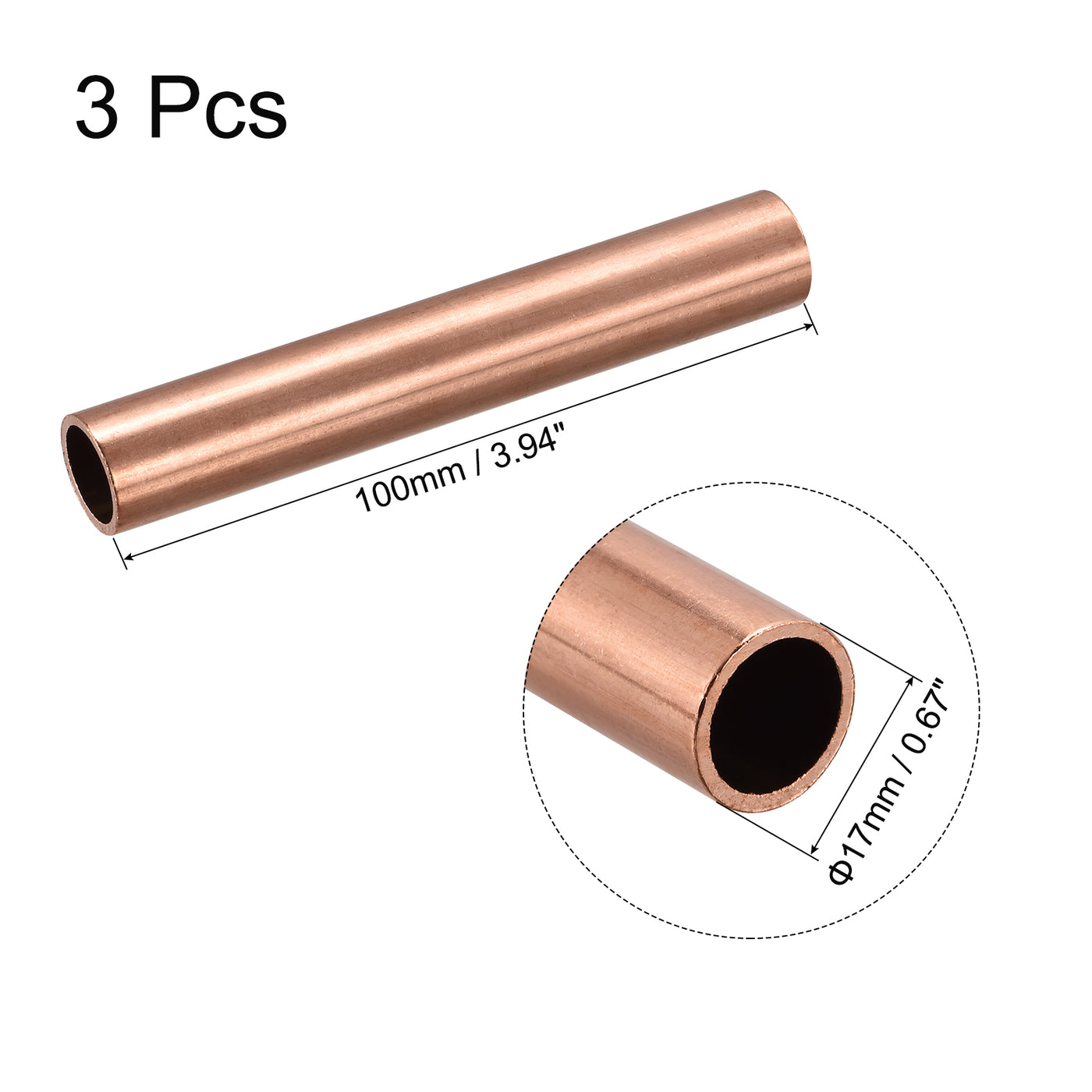 uxcell Uxcell Copper Round Tube 17mm OD 1.5mm Wall Thickness 100mm Length Pipe Tubing 3 Pcs