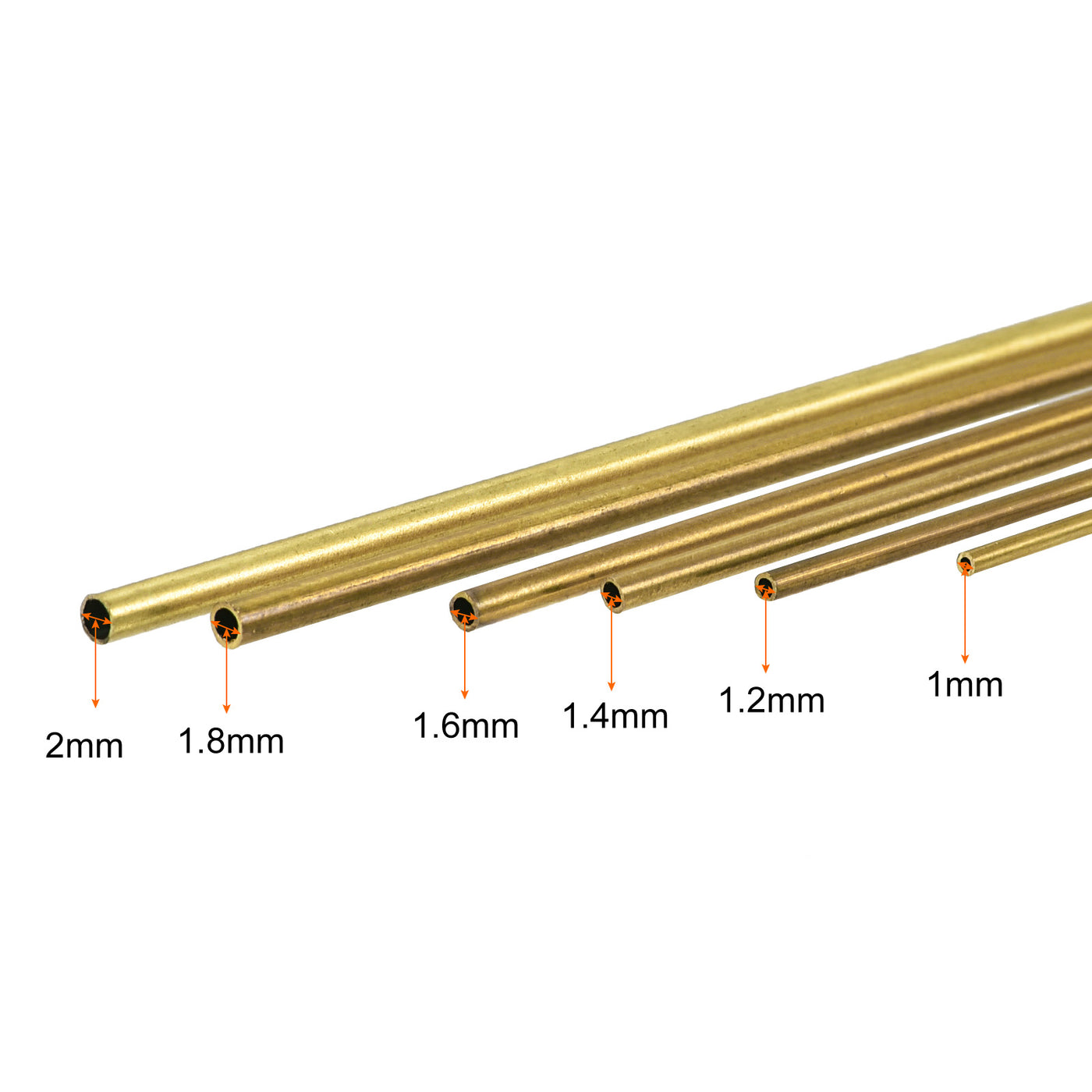 uxcell Uxcell Brass Tube, 1mm 1.2mm 1.4mm 1.6mm 1.8mm 2mm OD x 0.2mm Wall Thickness 300mm Length Metal Tubing, Pack of 6