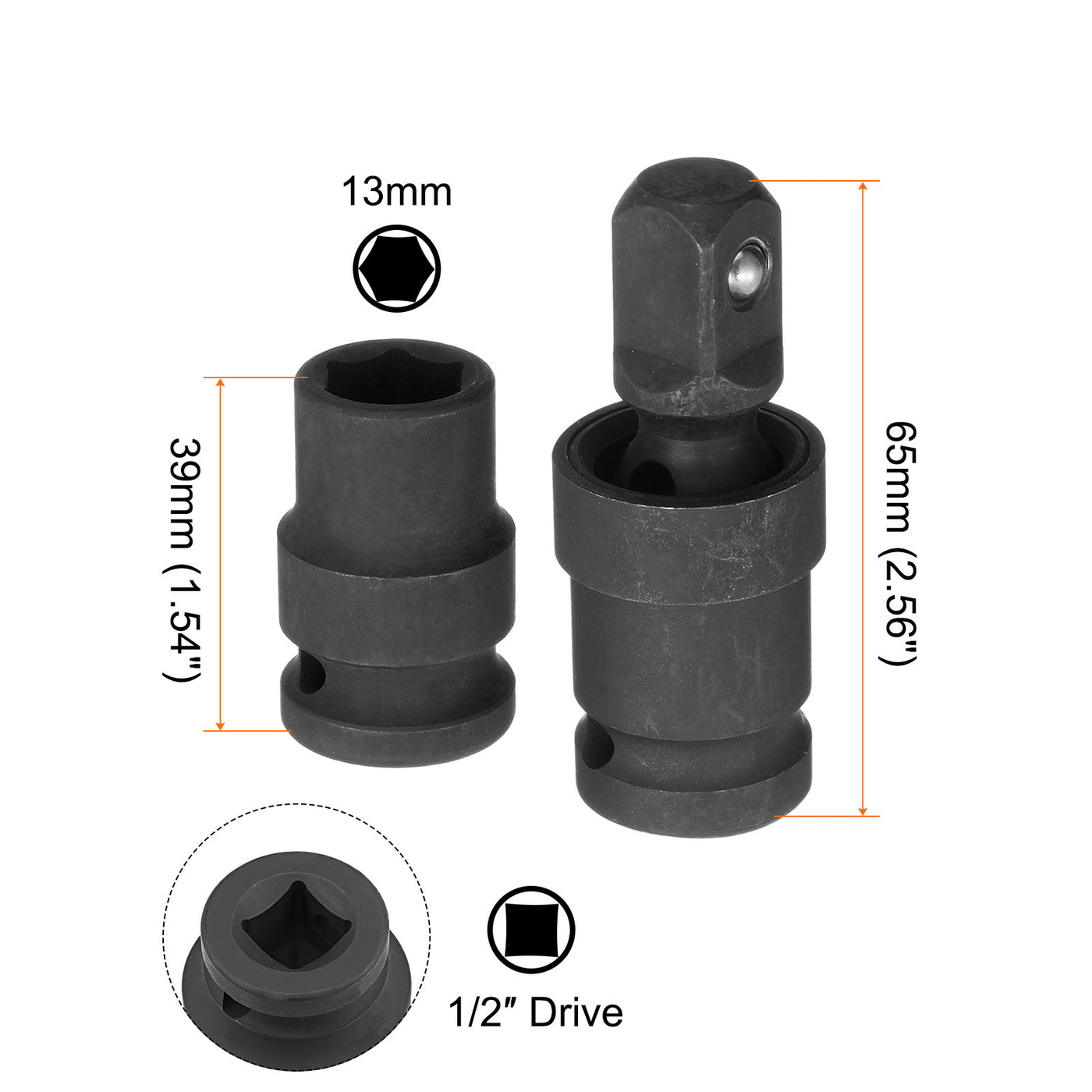 Harfington 13mm Impact Shallow Socket 1/2" Drive CR-MO Steel with 360° Universal Joint