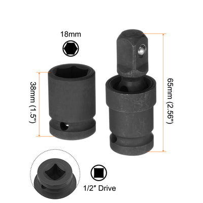 Harfington 18mm Impact Shallow Socket 1/2" Drive CR-MO Steel with 360° Universal Joint