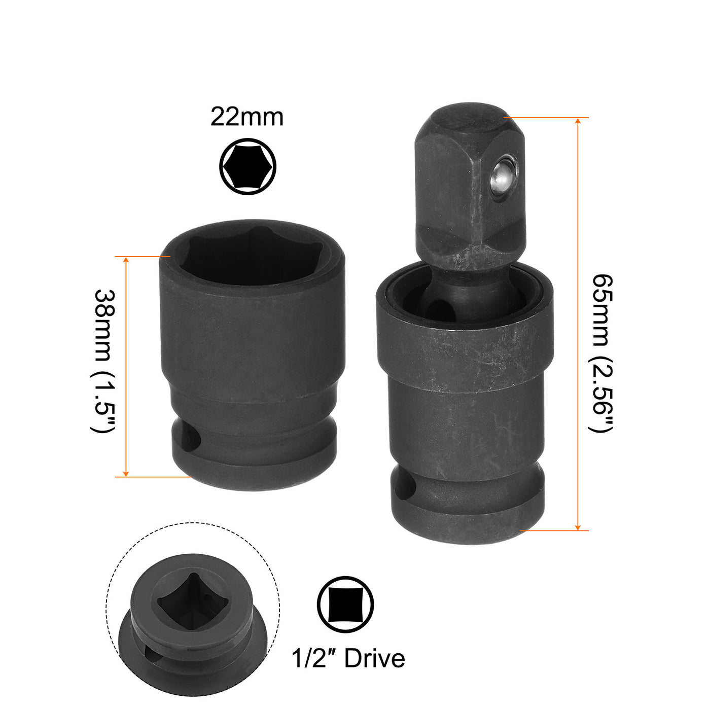 Harfington 22mm Impact Shallow Socket 1/2" Drive CR-MO Steel with 360° Universal Joint