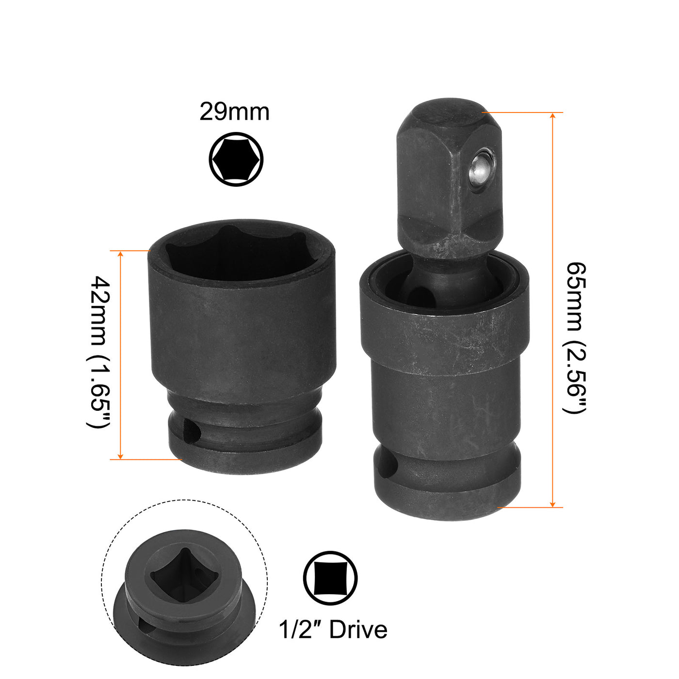 Harfington 29mm Impact Shallow Socket 1/2" Drive CR-MO Steel with 360° Universal Joint