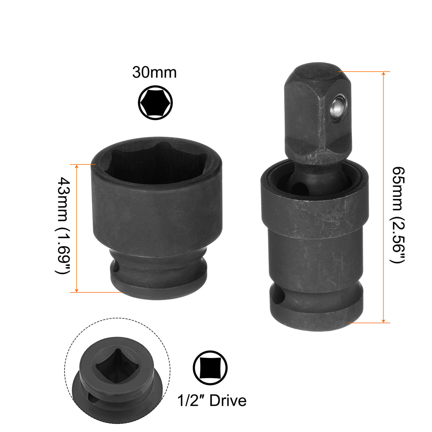 Harfington 30mm Impact Shallow Socket 1/2" Drive CR-MO Steel with 360° Universal Joint