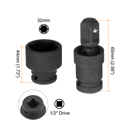 Harfington 32mm Impact Shallow Socket 1/2" Drive CR-MO Steel with 360° Universal Joint