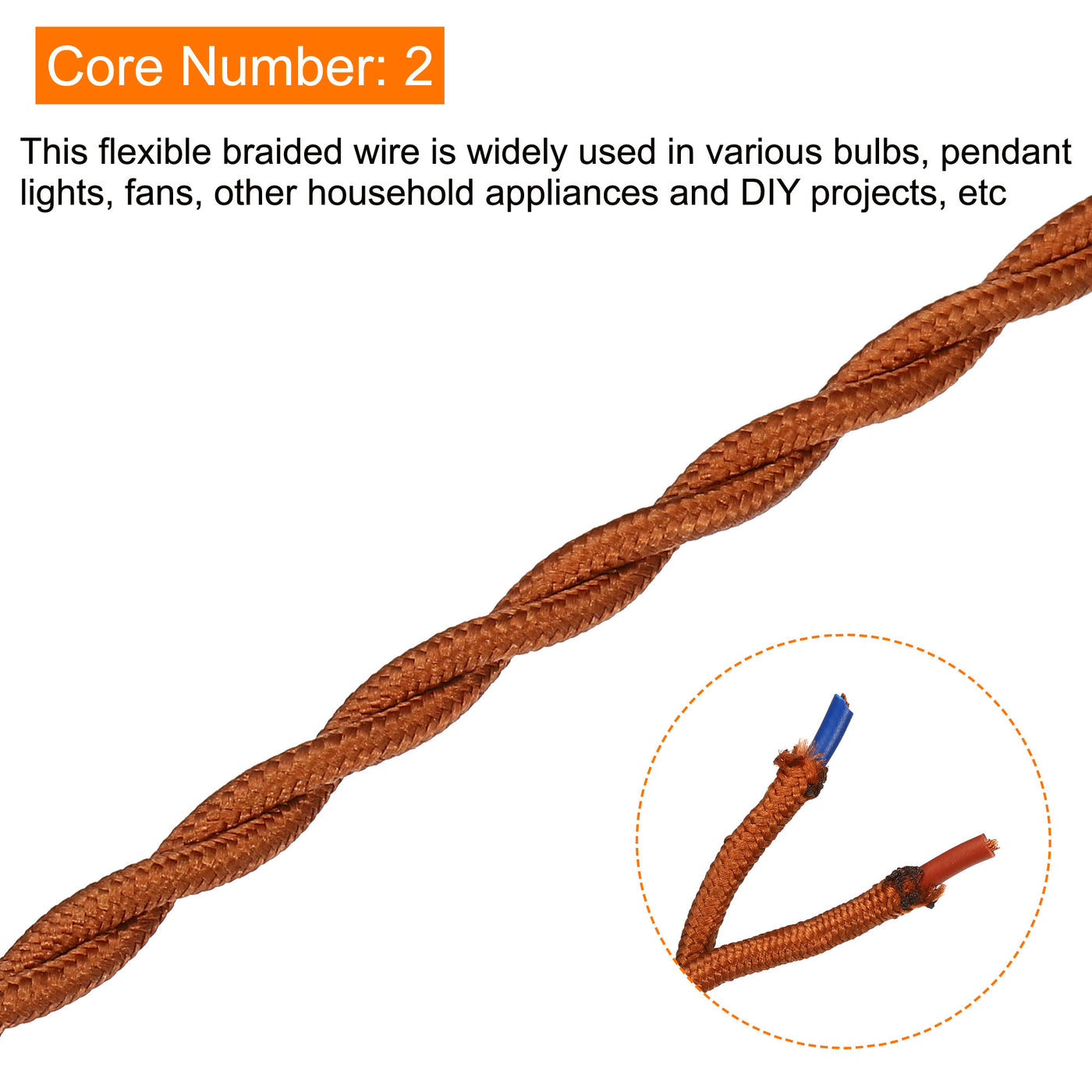 Harfington Twisted Cloth Covered Wire 2 Core 18AWG 3.0m/9.84ft,Electrical Cable,Light Brown