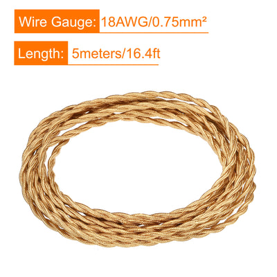 Harfington Twisted Cloth Covered Wire 2 Core 18AWG 5m/16.4ft Cable,Light Gold Tone