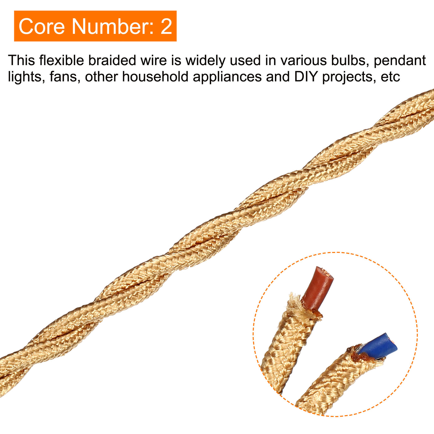 Harfington Twisted Cloth Covered Wire 2 Core 18AWG 5m/16.4ft Cable,Light Gold Tone