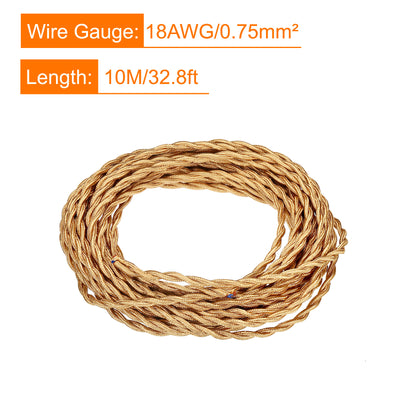 Harfington Twisted Cloth Covered Wire 2 Core 18AWG 10m/32.8ft Cable,Light Gold Tone