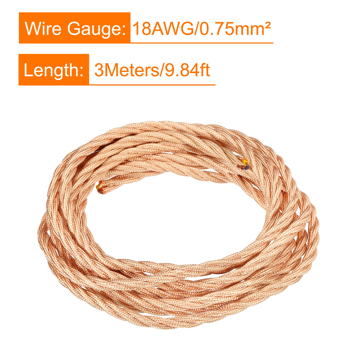 Harfington Twisted Cloth Covered Wire 3Core 18AWG 9.84ft,Electrical Cable,Rose Gold Tone
