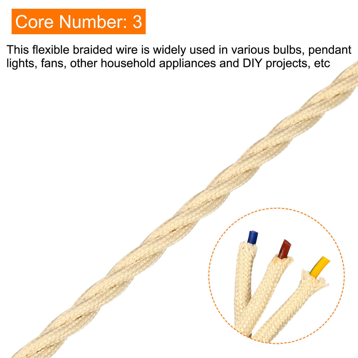 Harfington Twisted Cloth Covered Wire 3 Core 18AWG 3.0m/9.84ft,Electrical Cable,Beige