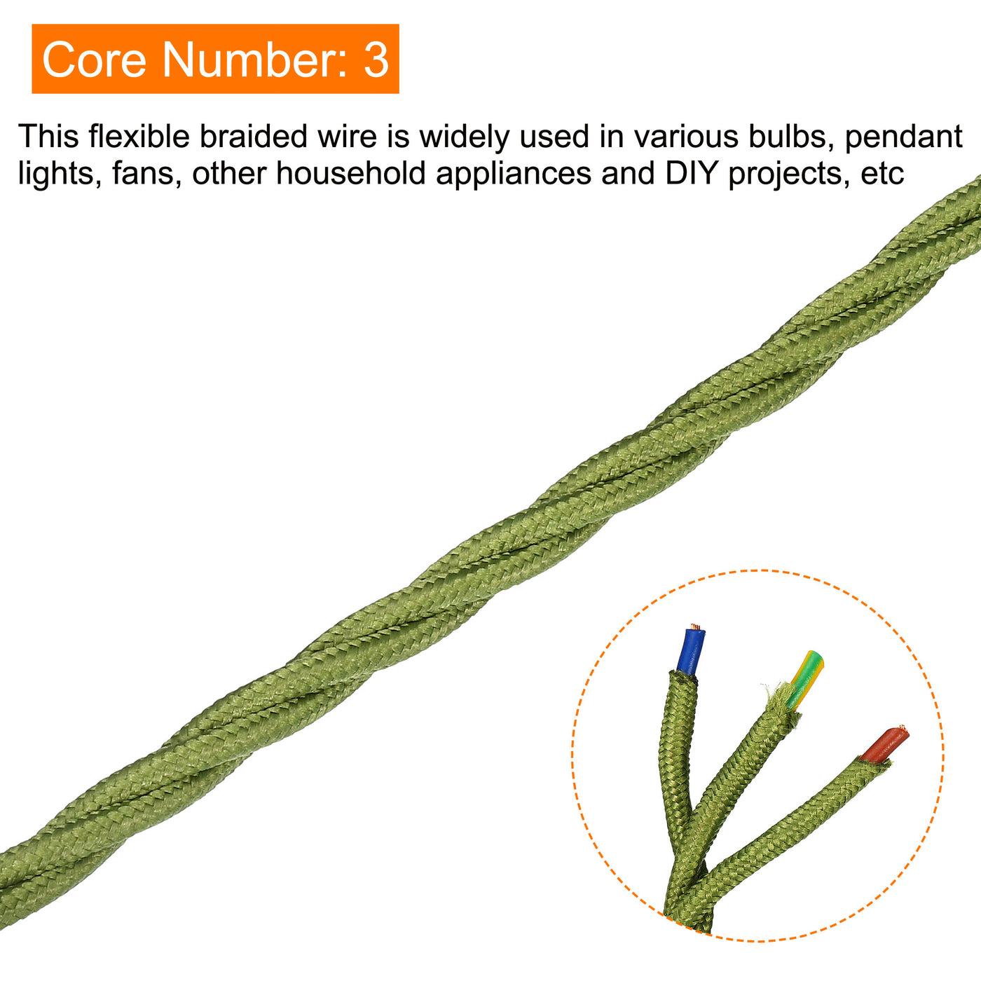 Harfington Twisted Cloth Covered Wire 3 Core 18AWG 3.0m/9.84ft,Electrical Cable,Green