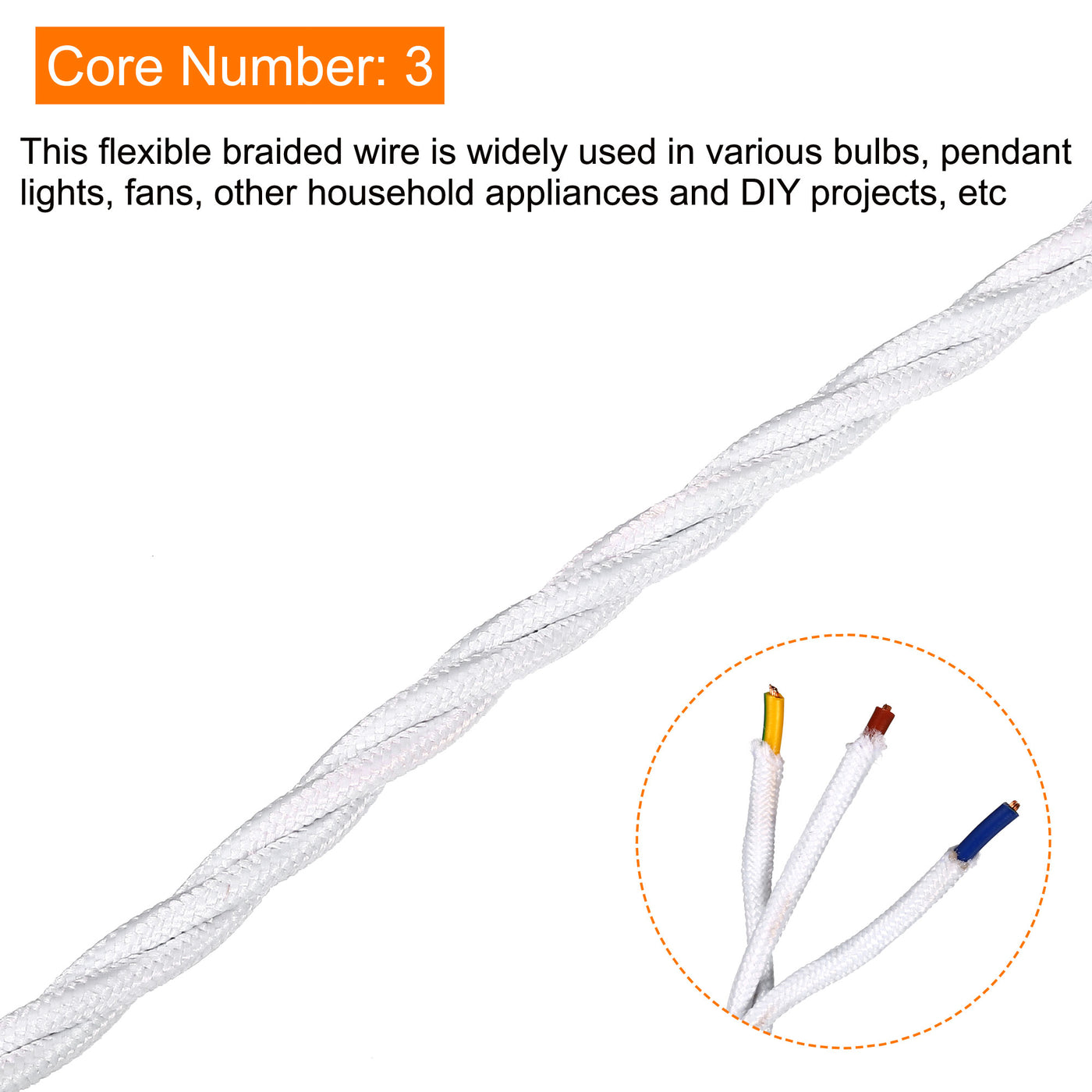 Harfington Twisted Cloth Covered Wire 3 Core 18AWG 3.0m/9.84ft,Electrical Cable,White