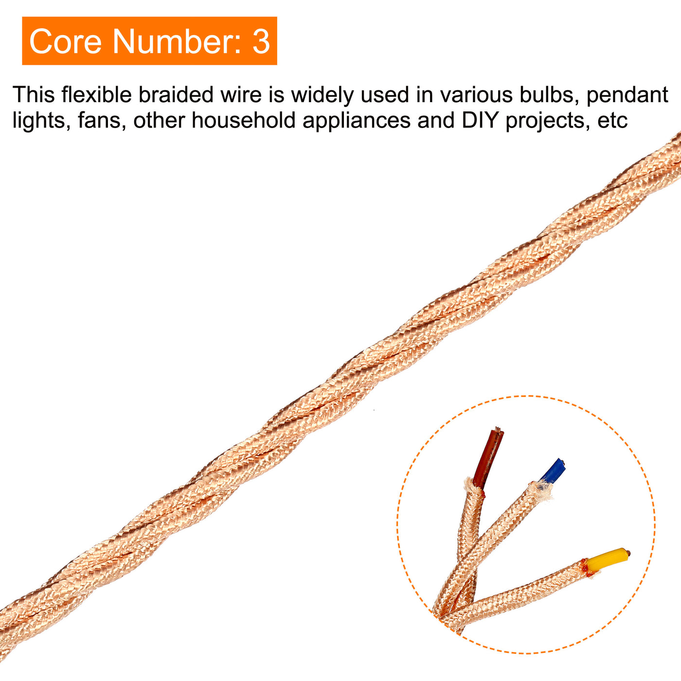 Harfington Twisted Cloth Covered Wire 3Core 18AWG 5m/16.4ft,Electrical Cable,Rose Gold Tone
