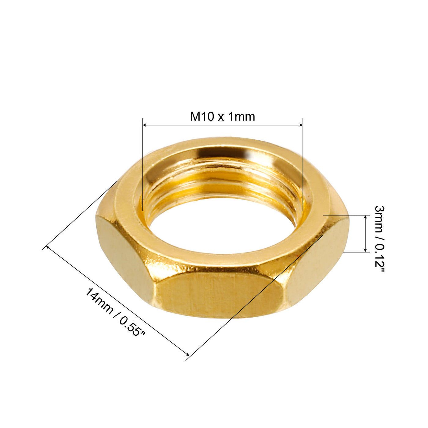 Harfington M10 Hex Nuts, 40 Pcs 4mm Height Threaded Hexagon Jam Nut Lock Fasteners Metal Ring for Lamp Pipe Rod Gold Color