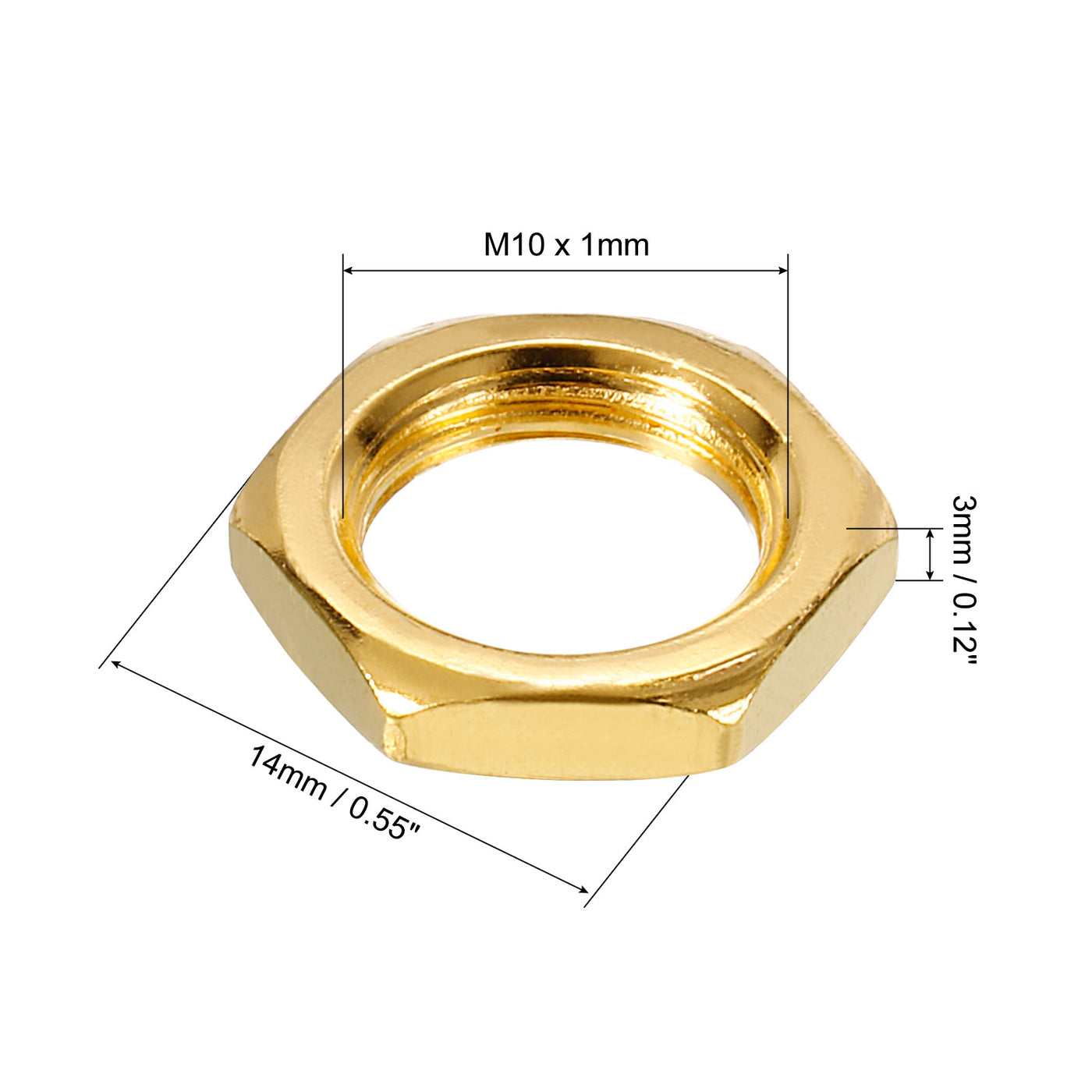 Harfington M10 Hex Nuts, 40 Pcs 3mm Height Threaded Hexagon Jam Nut Lock Fasteners Metal Ring for Lamp Pipe Rod Gold Color