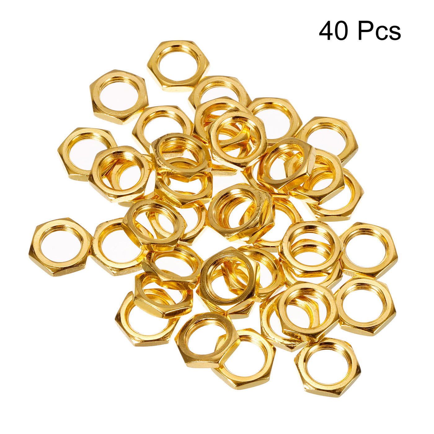 Harfington M10 Hex Nuts, 40 Pcs 3mm Height Threaded Hexagon Jam Nut Lock Fasteners Metal Ring for Lamp Pipe Rod Gold Color