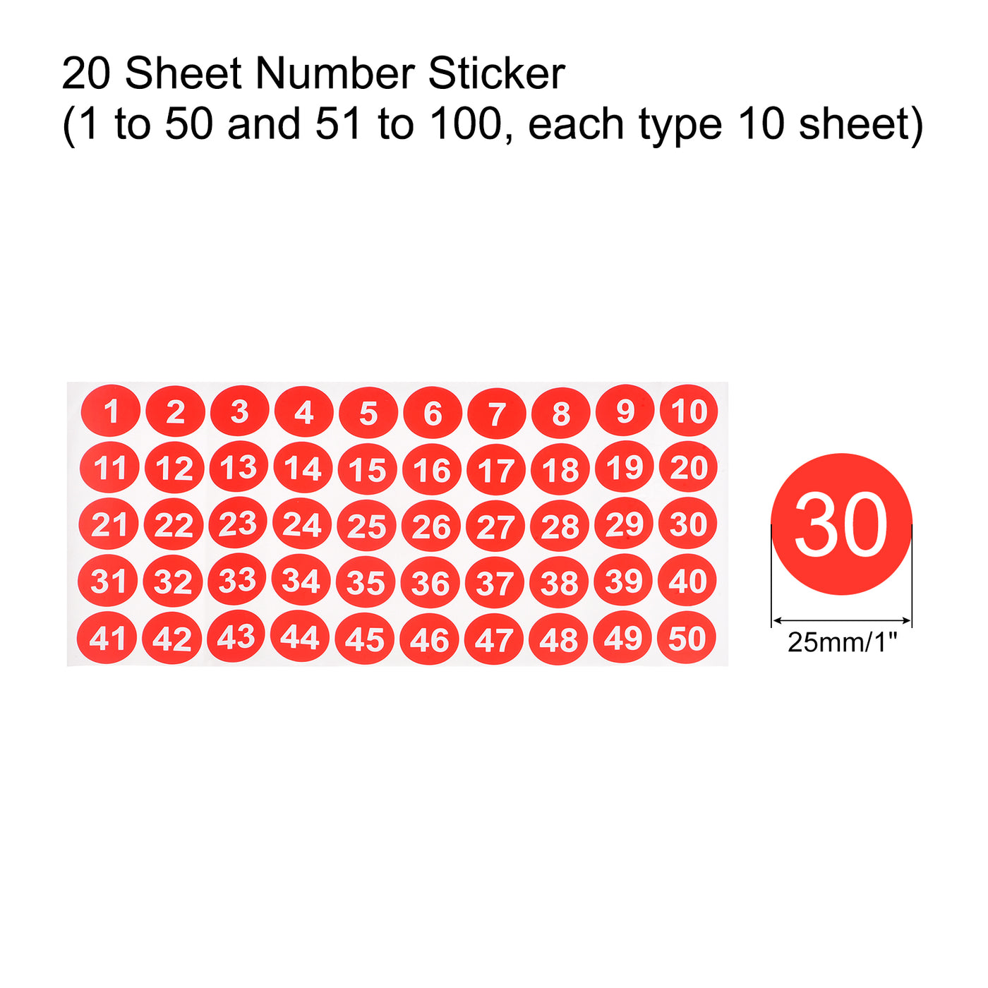 Harfington 1 to 100 Number Stickers Number Label Self Adhesive Marked Sticker Red and White for Classification, Pack of 20