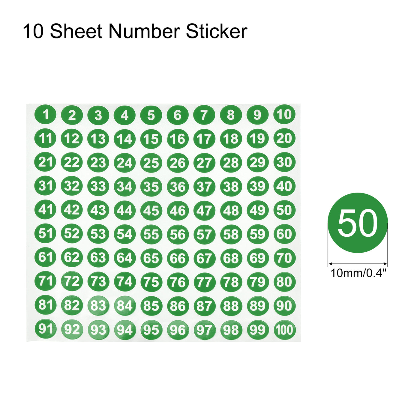 Harfington Number Sticker 1-100 Label Number Self Adhesive Label Green White for Sorting Storage Box Locker Sign, Pack of 10