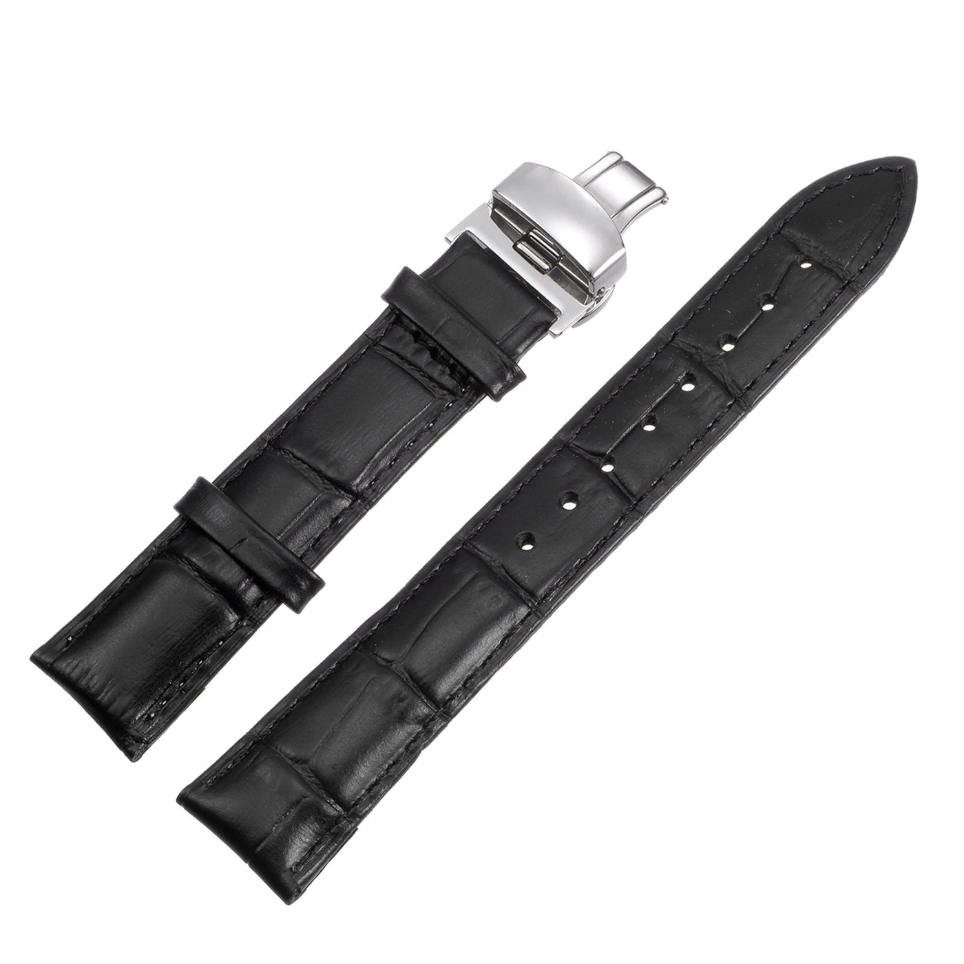 uxcell Uxcell Cowhide Leather Band Deployment Buckle Watch Strap 19mm with Spring Bars, Black