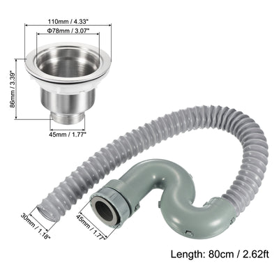 Harfington Sink Stopper Bathroom Drain Assembly Filter Plug Strainer with 80cm Pipe for Wash Basin without Overflow, Silver
