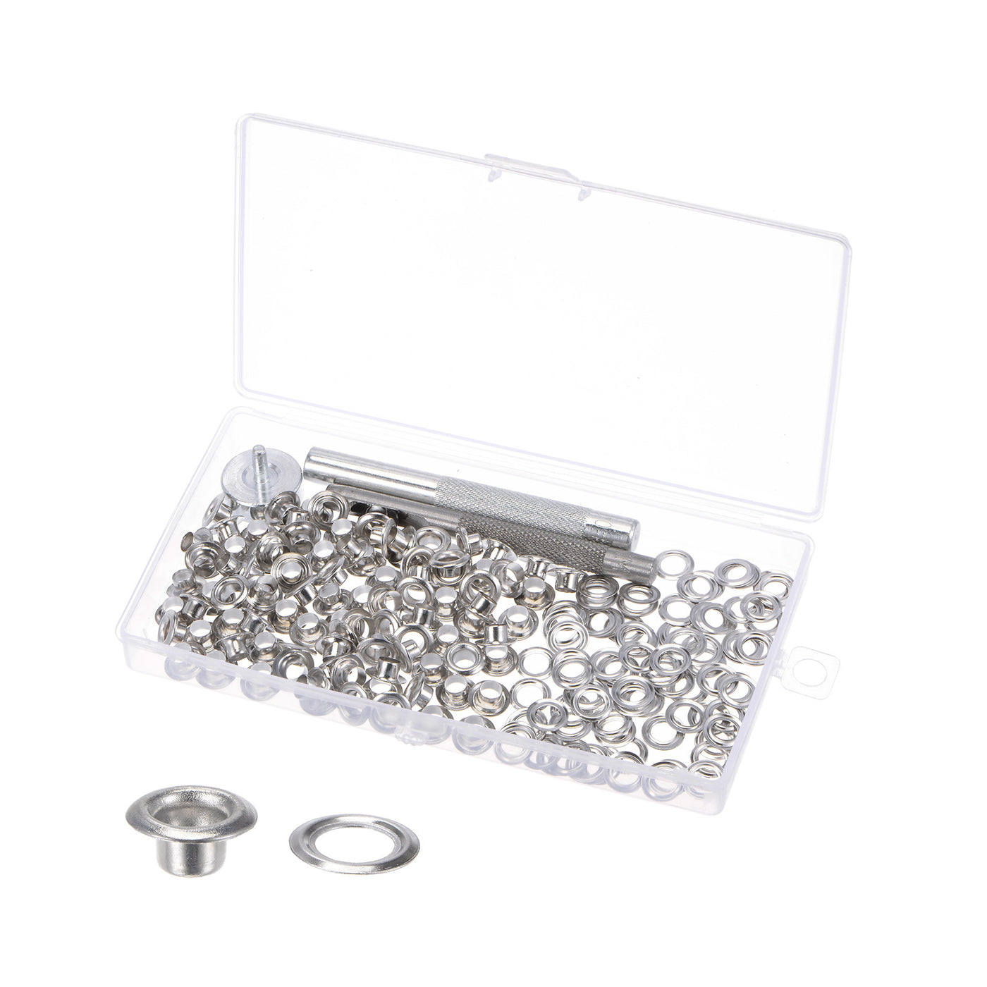 Harfington Grommet Kit 100 Set 5mmx10mm Copper Grommets Eyelets with Tools, Silver Tone
