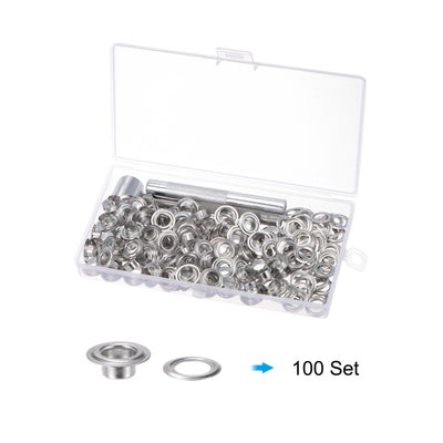 Harfington Grommet Kit 100 Set 7mmx14mm Dia Copper Grommets Eyelets with Tools, Silver Tone