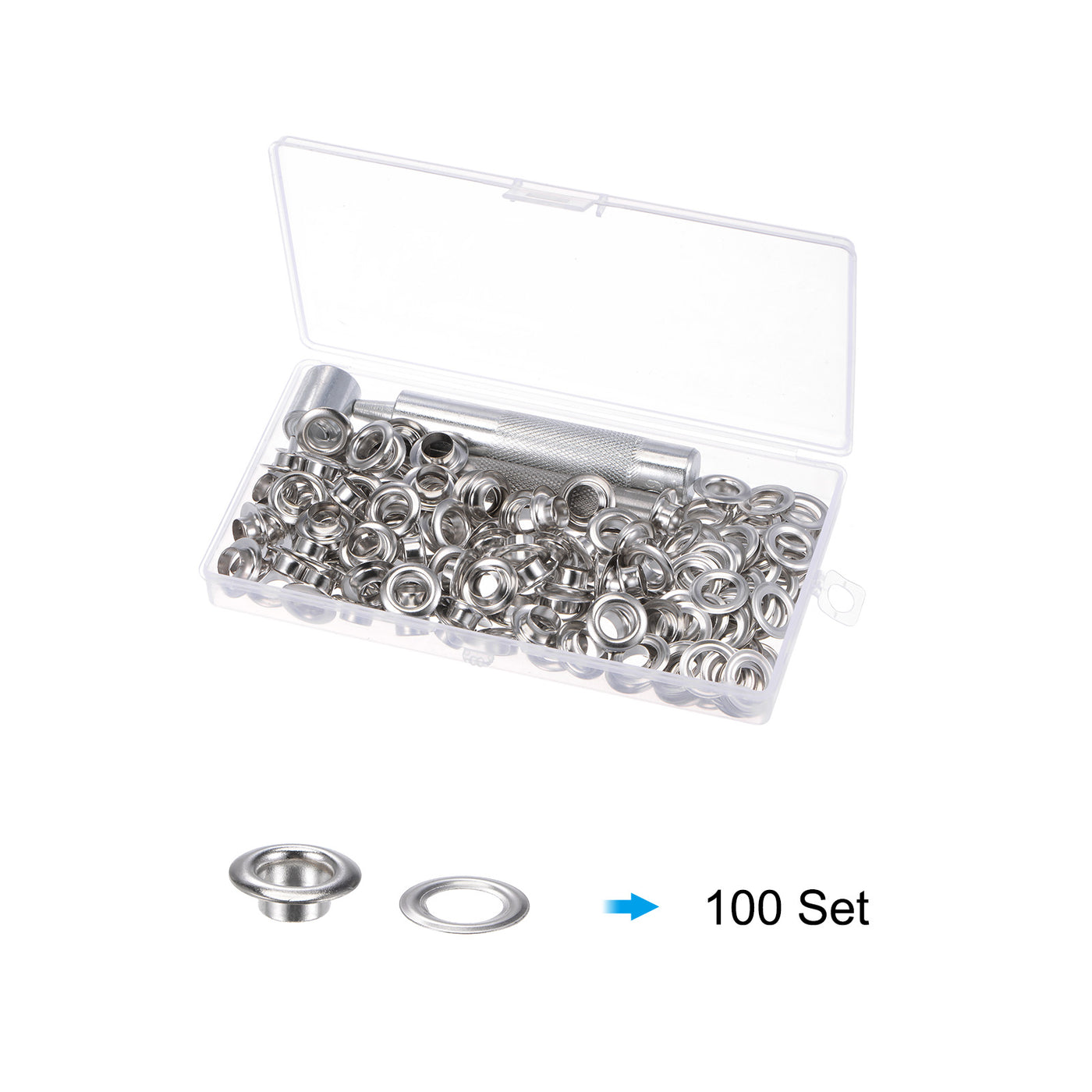 Harfington Grommet Kit 100 Set 8mmx15mm Dia Copper Grommets Eyelets with Tools, Silver Tone