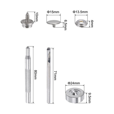 Harfington 25 Sets Screw Snap Kit Stainless Steel Snaps Button 15mm with Tool Silver Tone