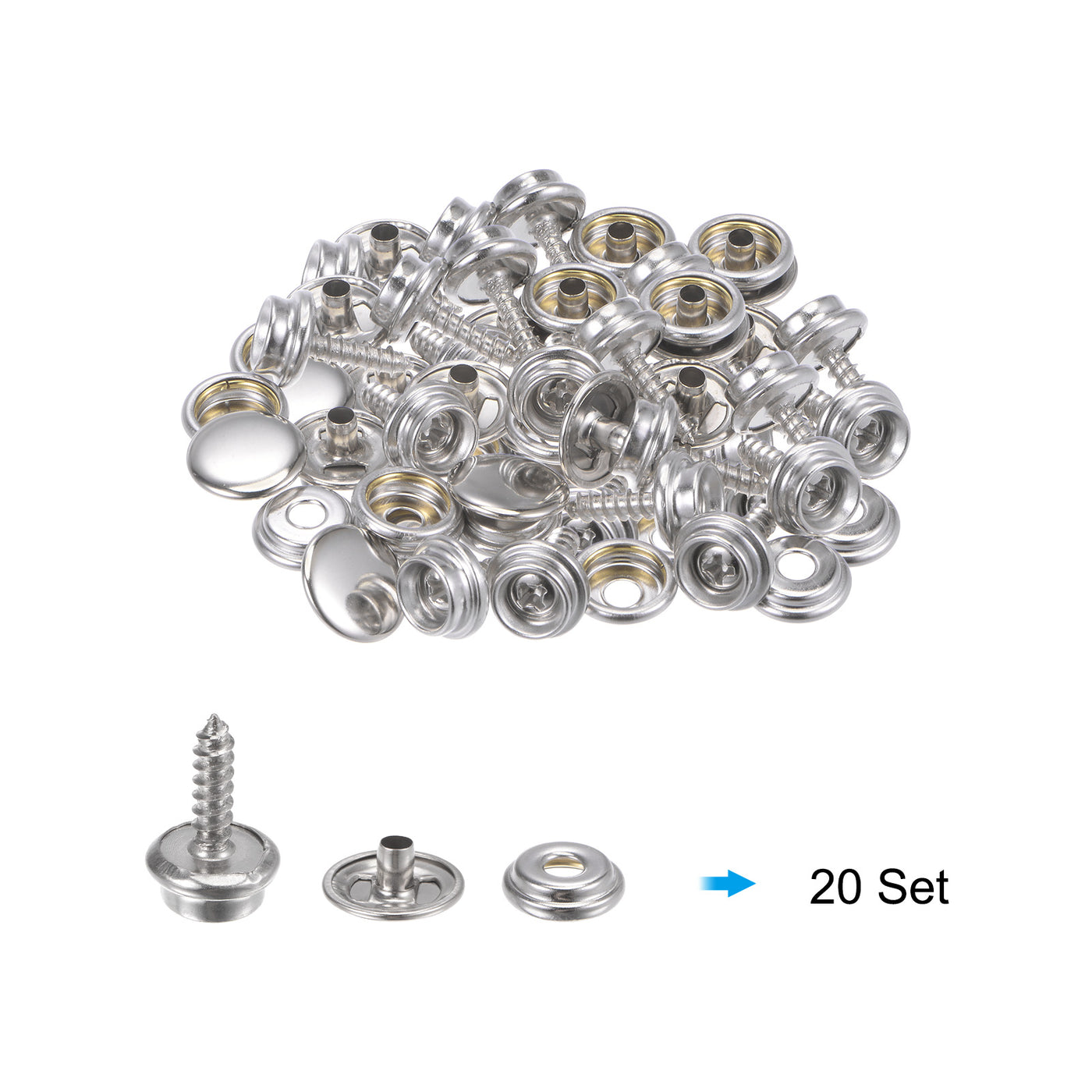 Harfington 20 Sets Screw Snap Kit Stainless Steel Snaps Button 15mm Silver Tone