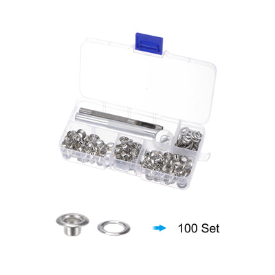 Harfington Grommet Kit 100 Set 5mmx10mm Dia Copper Grommets Eyelets with Tools, Silver Tone