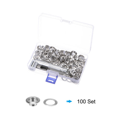 Harfington Grommet Kit 100 Set 10mmx17mmx6mm Copper Grommets Eyelets with Tools Silver Tone