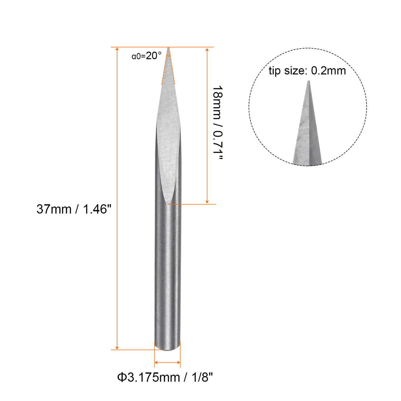 Harfington 3.175mm Shank 0.1mm Tip 20 Degree Carbide 3 Flutes Wood Engraving CNC Bit 2pcs