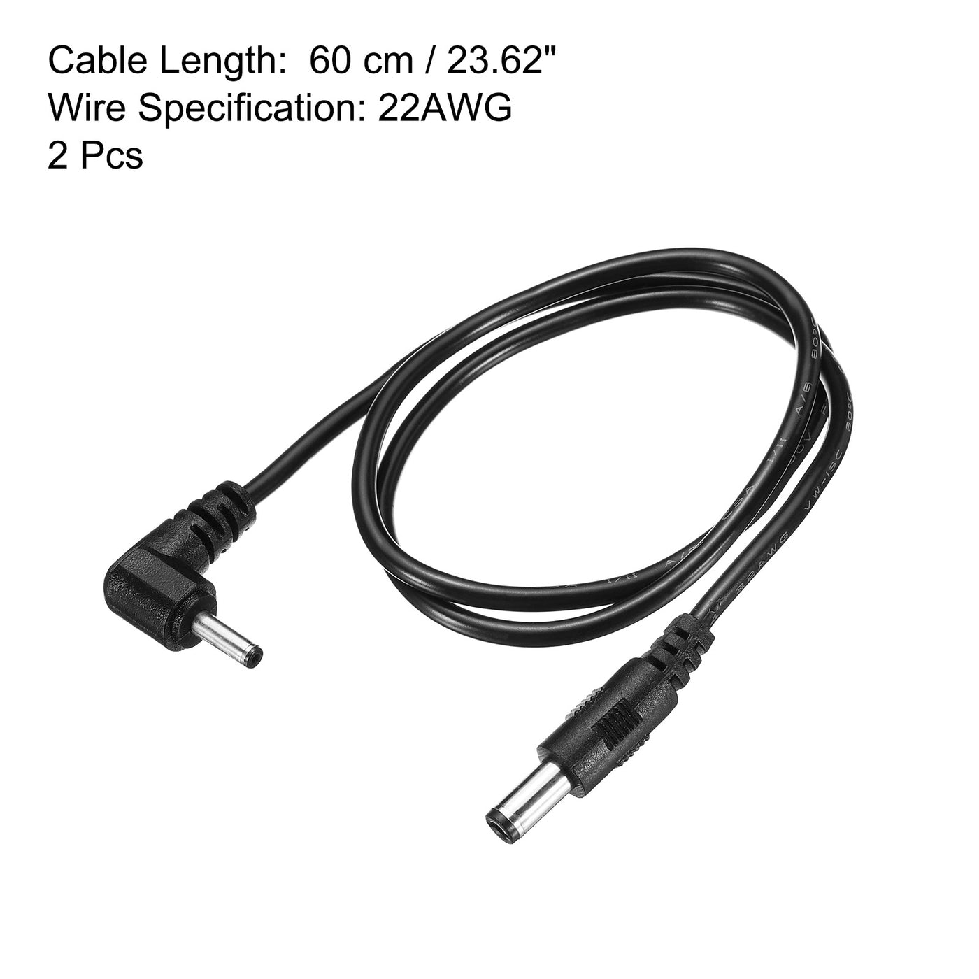 Harfington DC 5.5x2.1mm Male to 3.5x1.35mm Male Extension Cable Double Elbow Power Adapter Plug 60cm Cord for LED Lamp Camera CCTV, Black Pack of 2