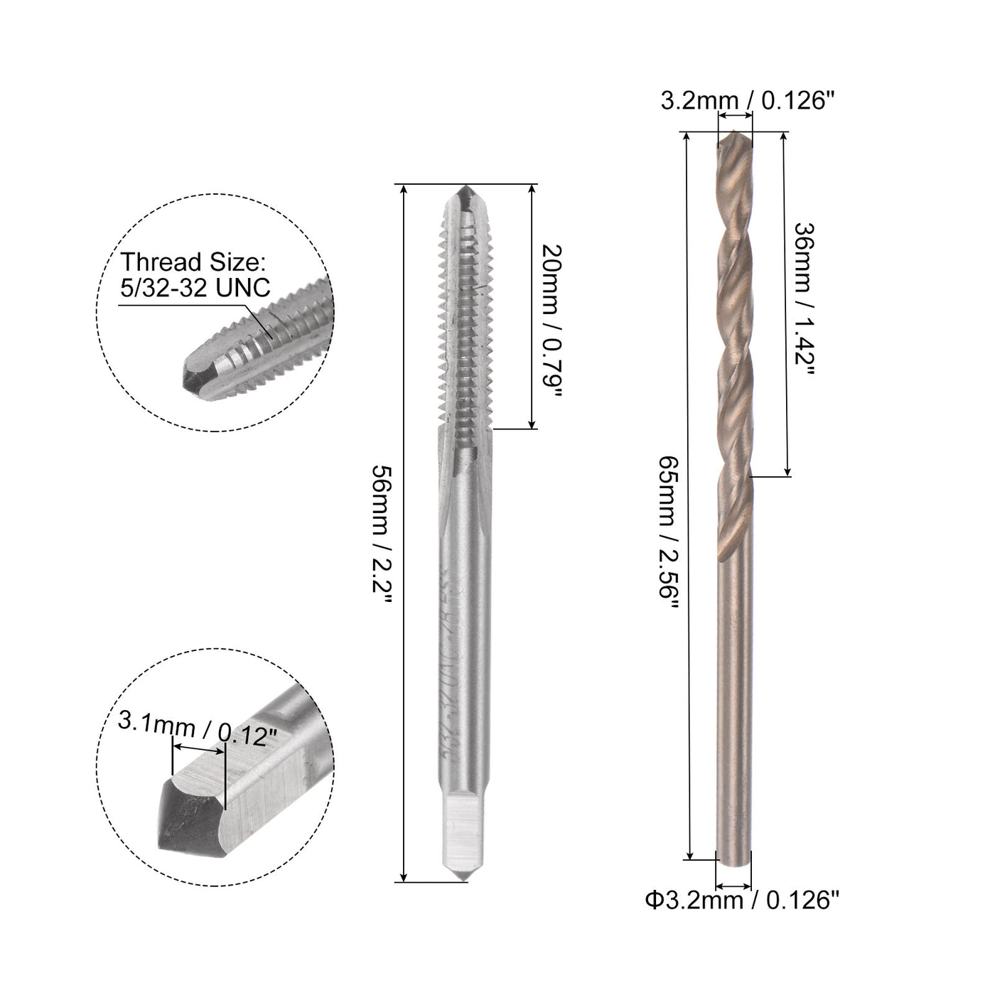 Tap & Bit Sets, 5/32-32 UNC 2B Straight Flute Machine Thread Milling ...