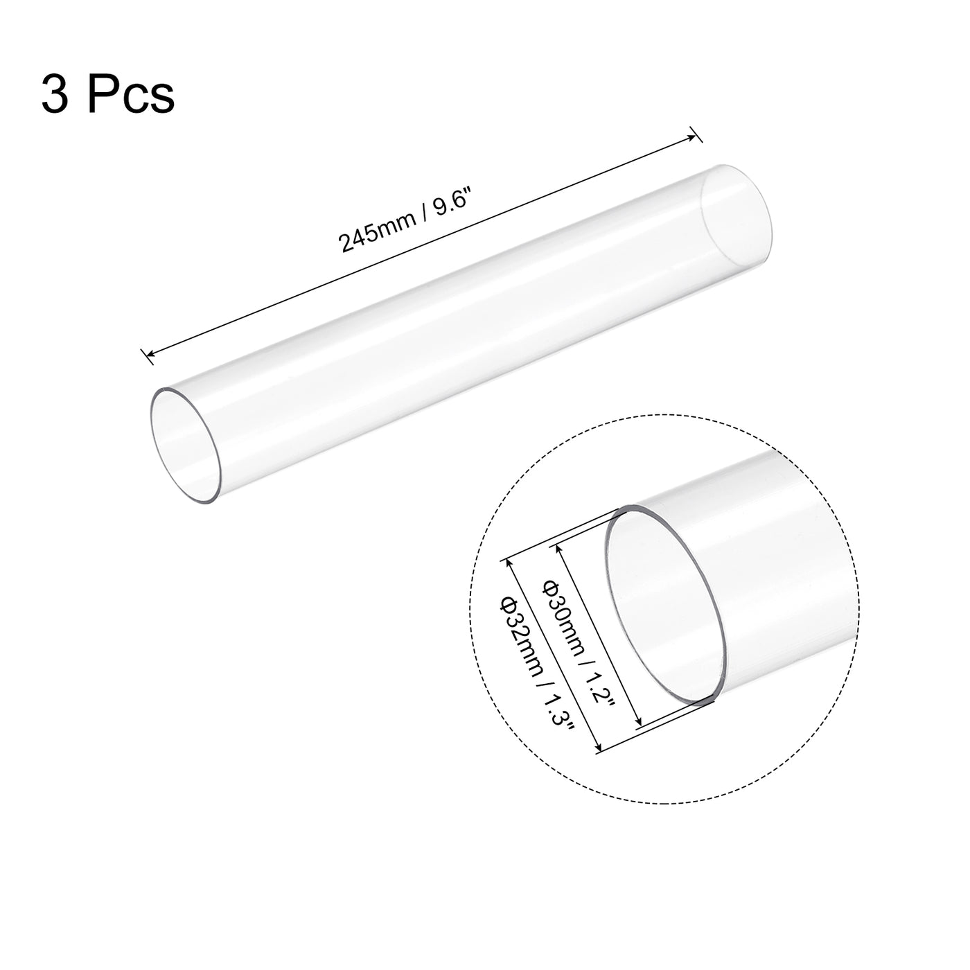 Harfington Plastic Pipe Rigid Round Tube Clear 1.2"(30mm) ID 1.3"(32mm) OD 9.6" (245mm) High Impact for Lighting, Models, Water Plumbing, Pack of 3