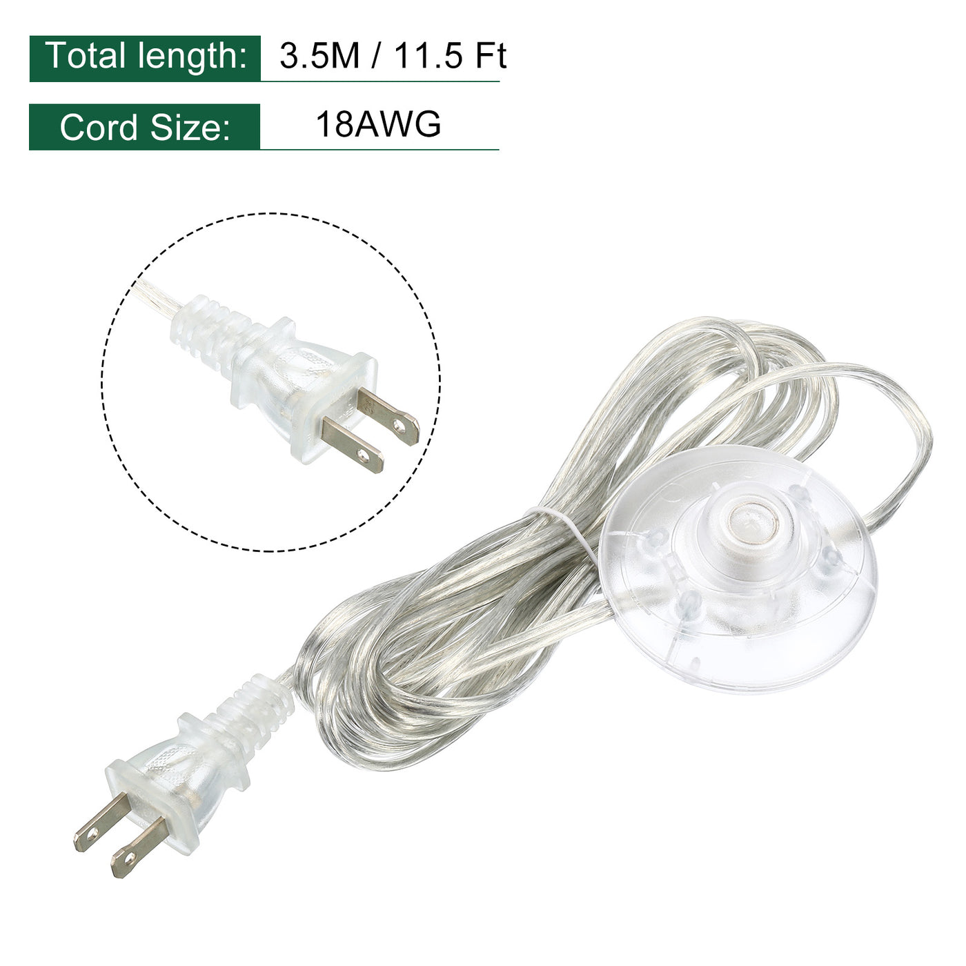 Harfington Lamp Power Cord US Plug Stripped Ends Light Cable Wire with Foot Push Button Switch 3.5M/11.5Ft Extension Replacement for Wire DIY Repair Transparent