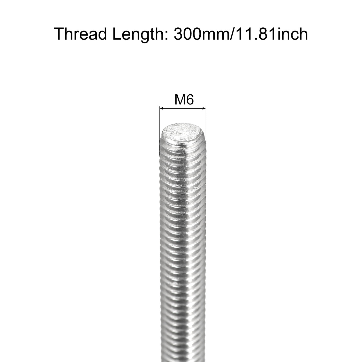 Harfington Fully Threaded Rod M6 x 300mm 1mm Pitch 304 Stainless Steel Right Hand