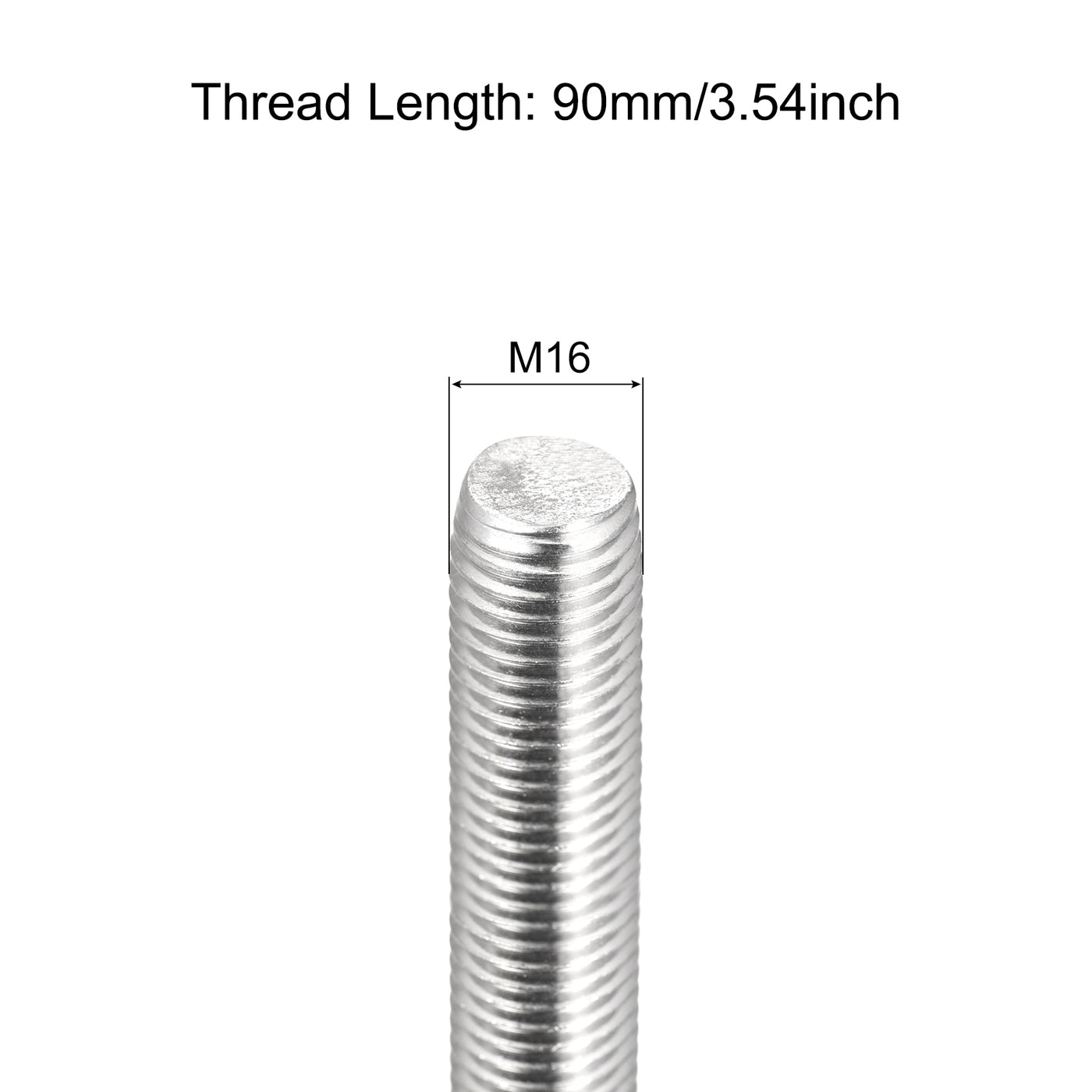 Harfington Fully Threaded Rod M16x90mm 2mm Pitch 304 Stainless Steel Right Hand 5Pcs