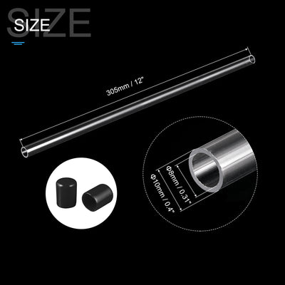 Harfington Clear Rigid Tube Round Plastic Tubing with Black Rubber Caps Polycarbonate Water Pipe, 305mm/ 12 Inch Length, 8mmx10mm/0.31"x0.4", 1 Set