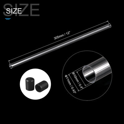 Harfington Clear Rigid Tube Round Plastic Tubing with Black Rubber Caps Polycarbonate Water Pipe, 305mm/ 12 Inch Length, 10mmx11mm/0.4"x0.43", 1 Set