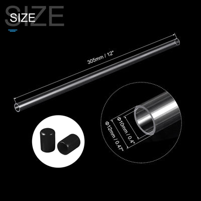 Harfington Clear Rigid Tube Round Plastic Tubing with Black Rubber Caps Polycarbonate Water Pipe, 305mm/ 12 Inch Length, 10mmx12mm/0.4"x0.47", 1 Set