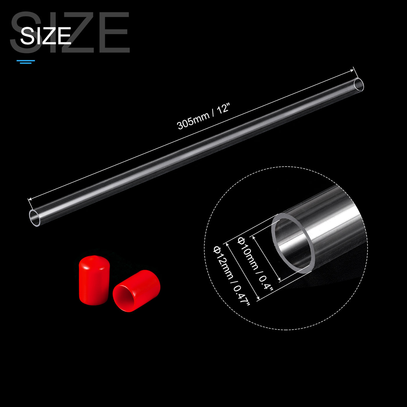 Harfington Clear Rigid Tube Round Plastic Tubing with Red Rubber Caps Polycarbonate Water Pipe, 305mm/ 12 Inch Length, 10mmx12mm/0.4"x0.47", 1 Set