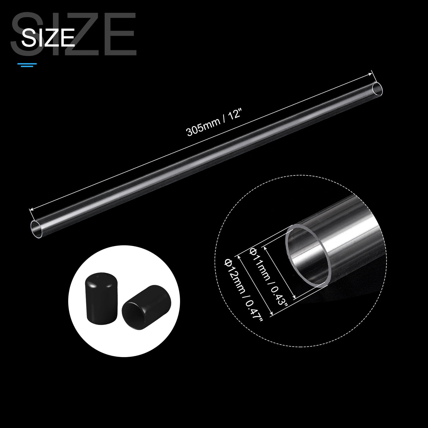 Harfington Clear Rigid Tube Round Plastic Tubing with Black Rubber Caps Polycarbonate Water Pipe, 305mm/ 12 Inch Length, 11mmx12mm/0.43"x0.47", 1 Set