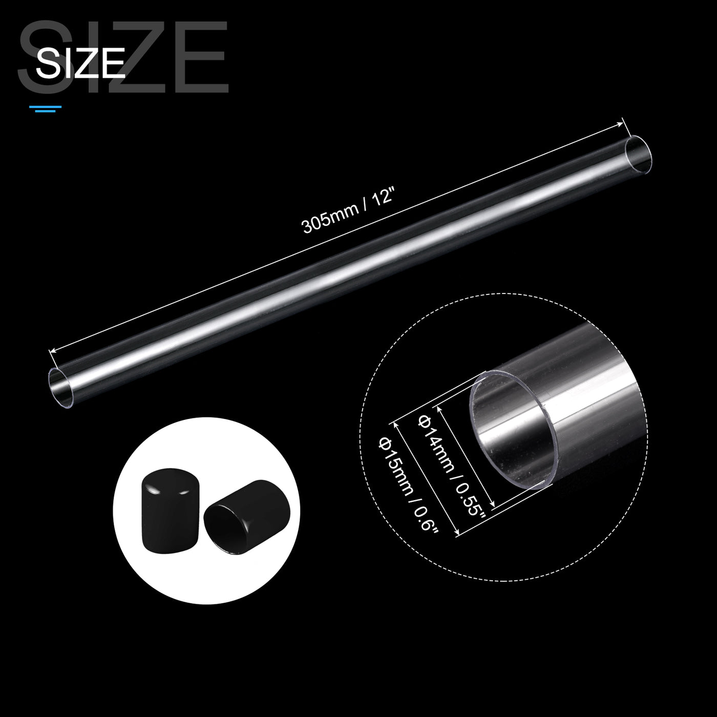 Harfington Clear Rigid Tube Round Plastic Tubing with Black Rubber Caps Polycarbonate Water Pipe, 305mm/ 12 Inch Length, 14mmx15mm/0.55"x0.6", 1 Set