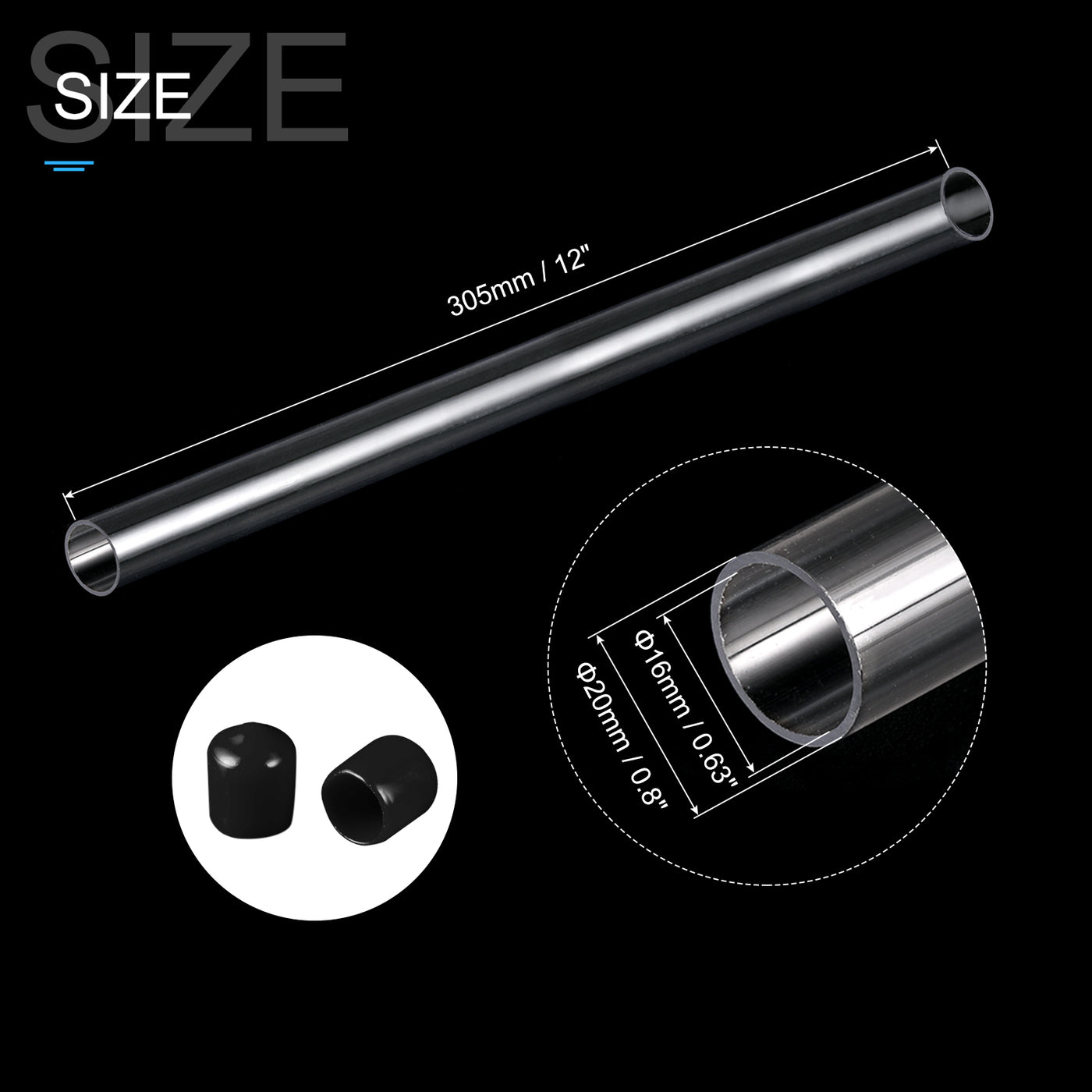 Harfington Clear Rigid Tube Round Plastic Tubing with Black Rubber Caps Polycarbonate Water Pipe, 305mm/ 12 Inch Length, 16mmx20mm/0.63"x0.8", 1 Set