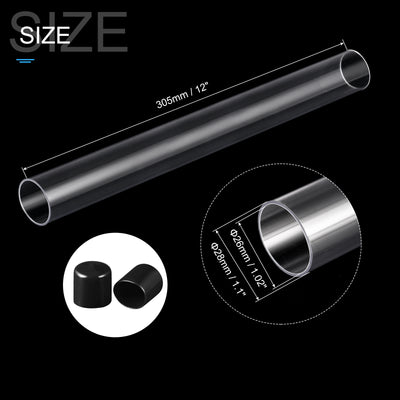 Harfington Clear Rigid Tube Round Plastic Tubing with Black Rubber Caps Polycarbonate Water Pipe, 305mm/ 12 Inch Length, 26mmx28mm/1.02"x1.1", 1 Set