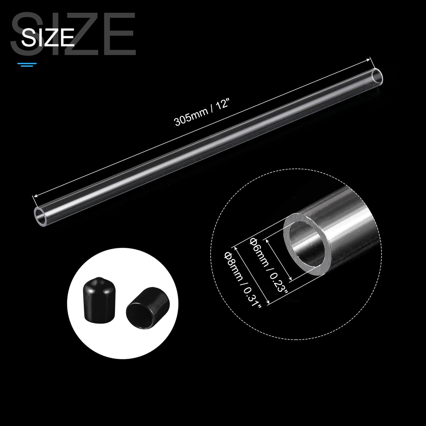 Harfington Clear Rigid Tube Round Plastic Tubing with Black Rubber Caps Polycarbonate Water Pipe, 305mm/ 12 Inch Length, 6mmx8mm/0.23"x0.31", 1 Set